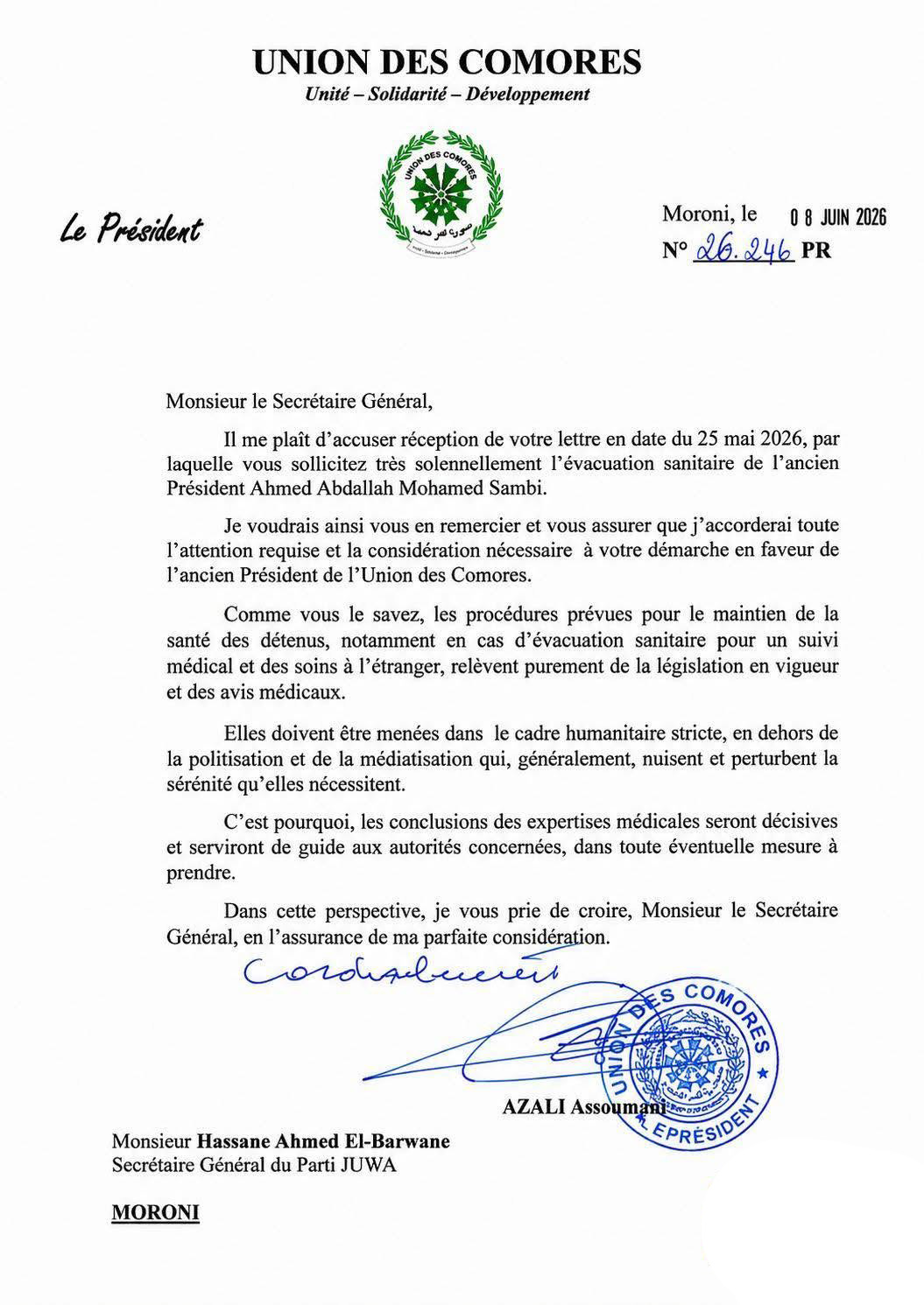 image Évacuation sanitaire de Sambi :  Le chef de l’Etat appelle à un cadre strictement médical