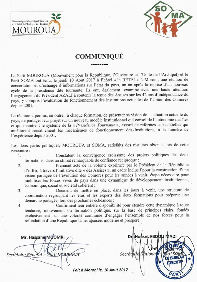 Politique / Mouroua et Soma au même diapason