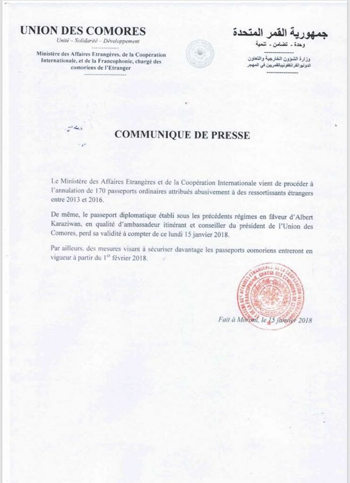 Diplomatie / Annulation de 170 passeports de ressortissants étrangers dont celui d'Albert Karaziwan
