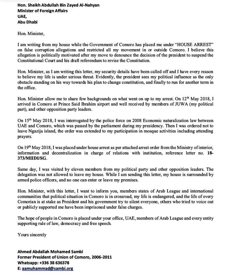Sambi écrit au chef de la diplomatie des Emirats /  La lettre qui provoque la colère de Beit-Salam