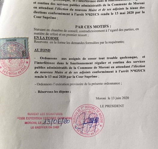 Commune de Moroni: Le tribunal de première instance ordonne aux assignés de cesser les troubles